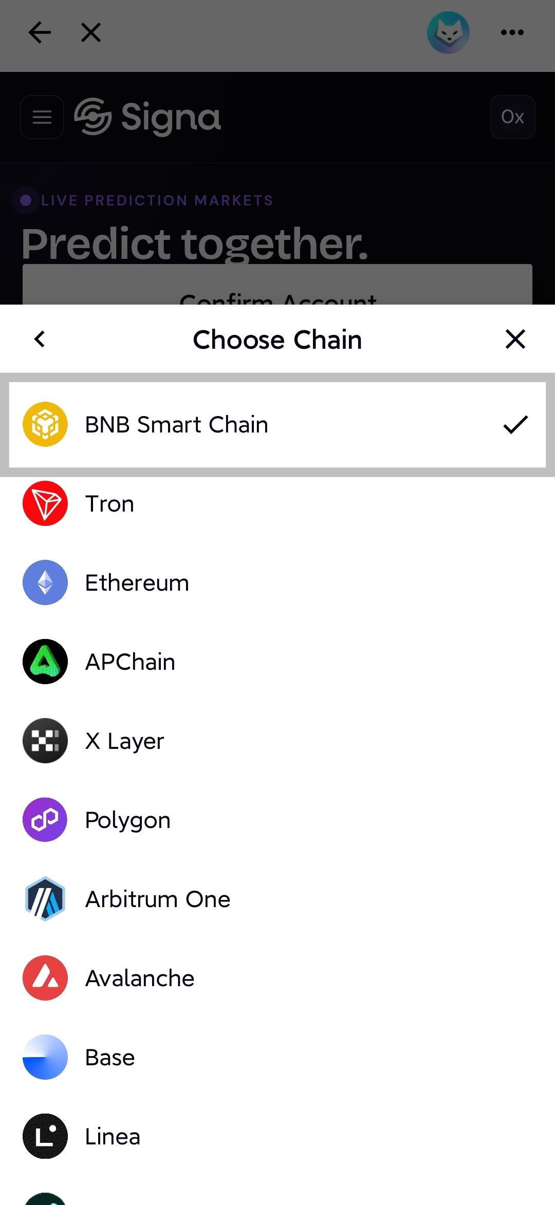 Choose Chain dialog with BNB Smart Chain selected