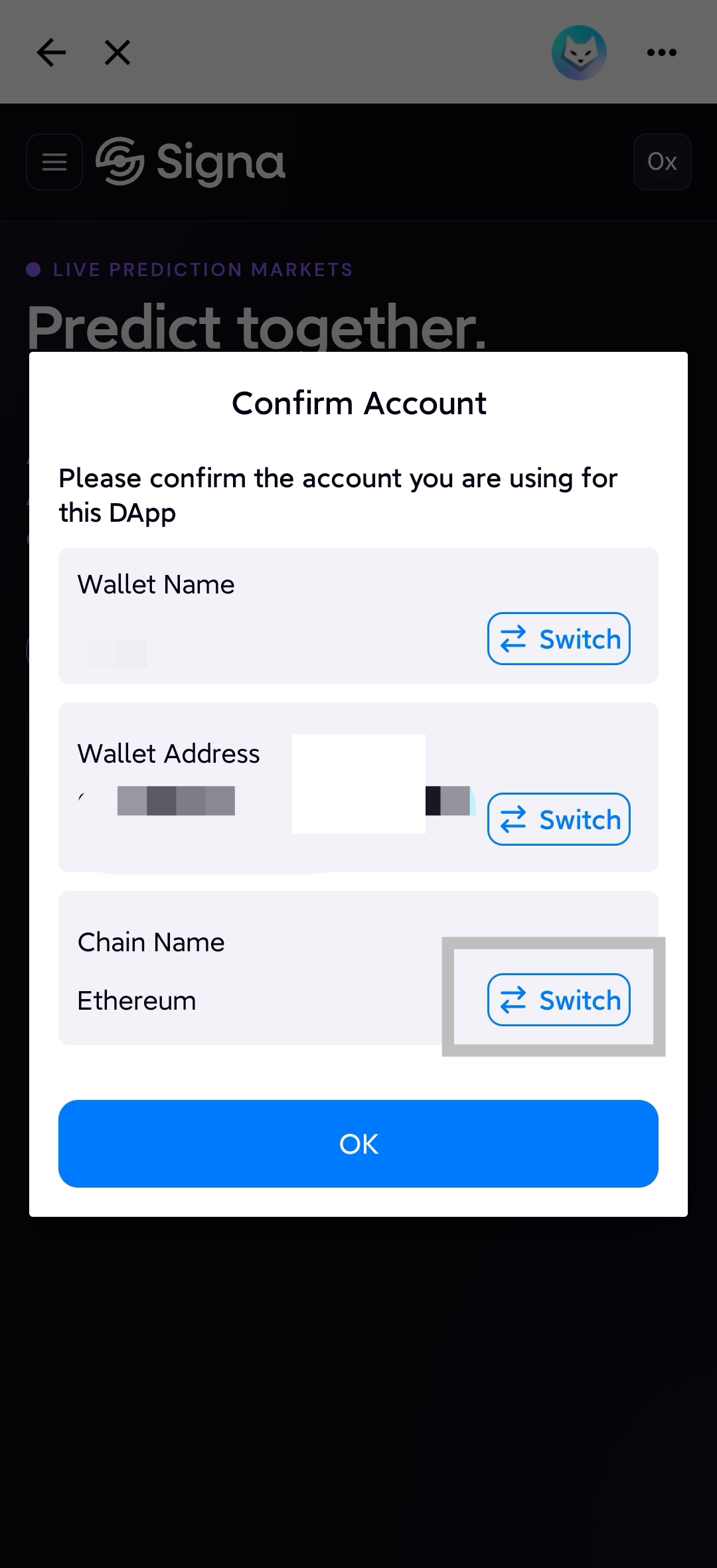 Confirm Account showing Ethereum chain