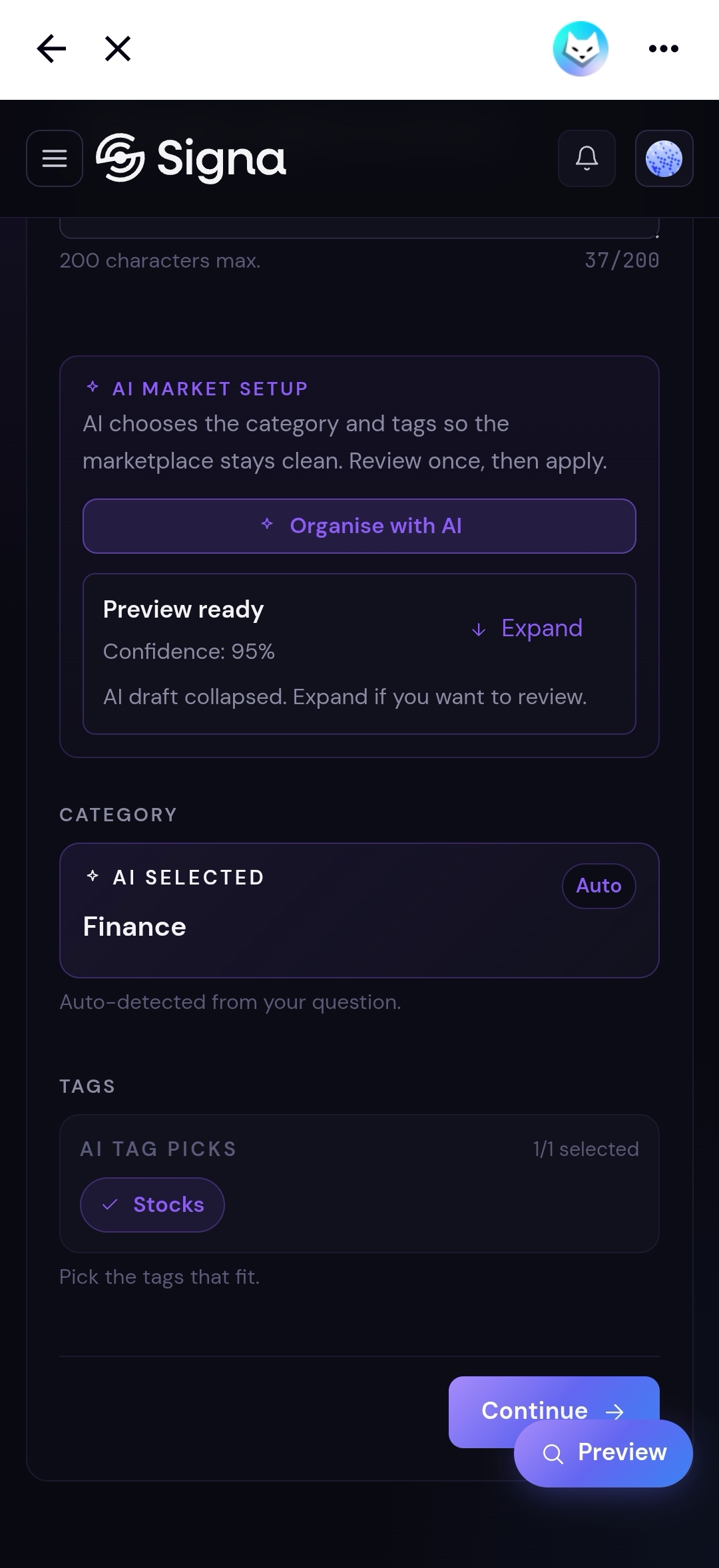 Step 1 AI result: category Finance and tag Stocks auto-selected, preview ready at 95% confidence