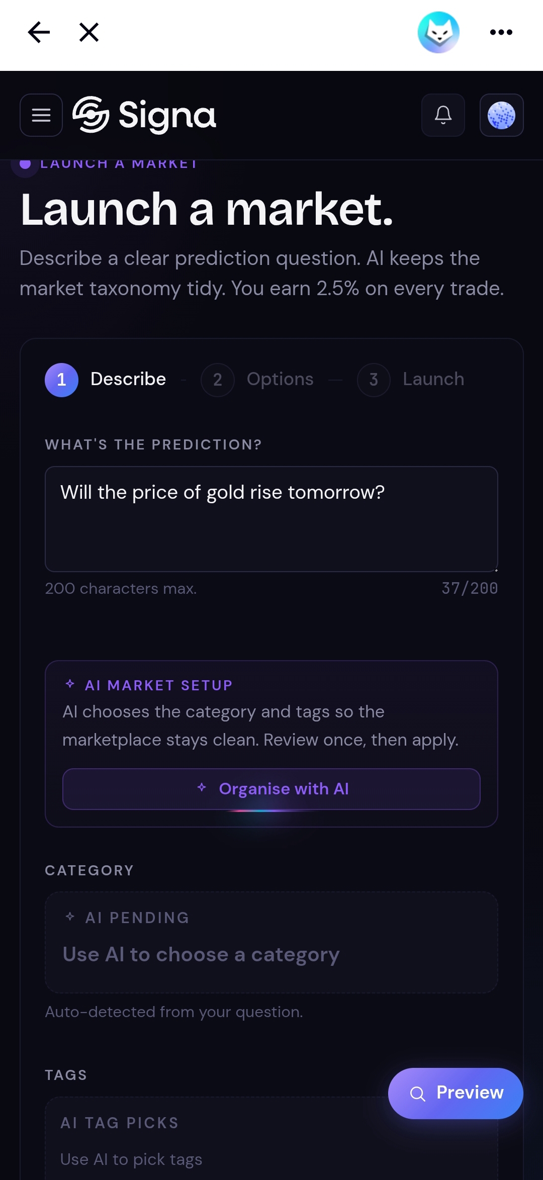 Step 1 Describe: entering the prediction question with AI Market Setup panel below