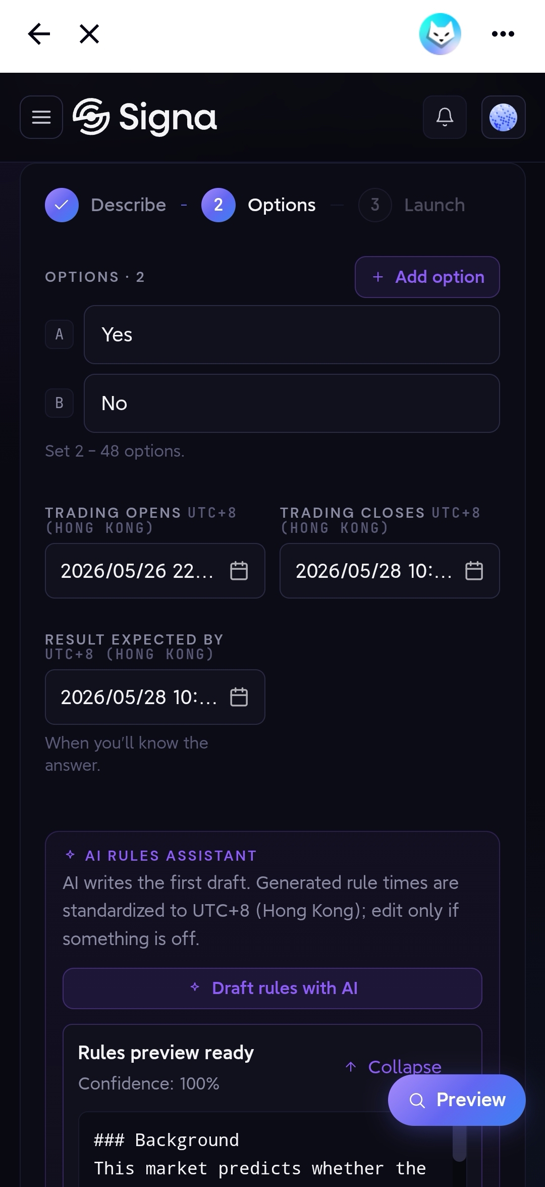 Step 2 Options: Yes/No outcomes, trading open and close dates, AI Rules Assistant with rules preview ready