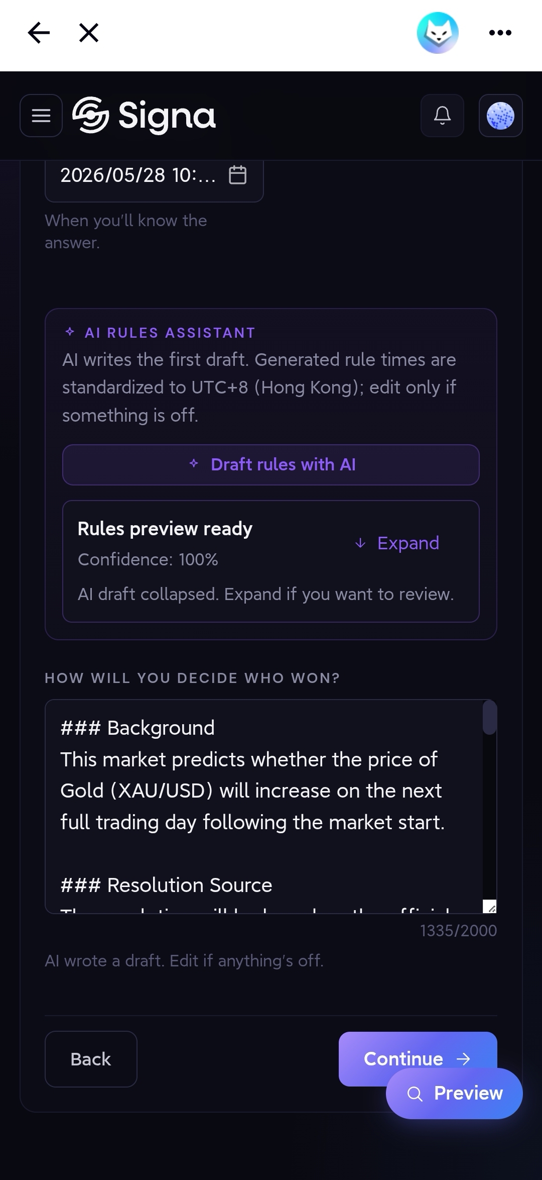 Step 2 rules applied: AI-drafted rules loaded into the resolution field, ready to review