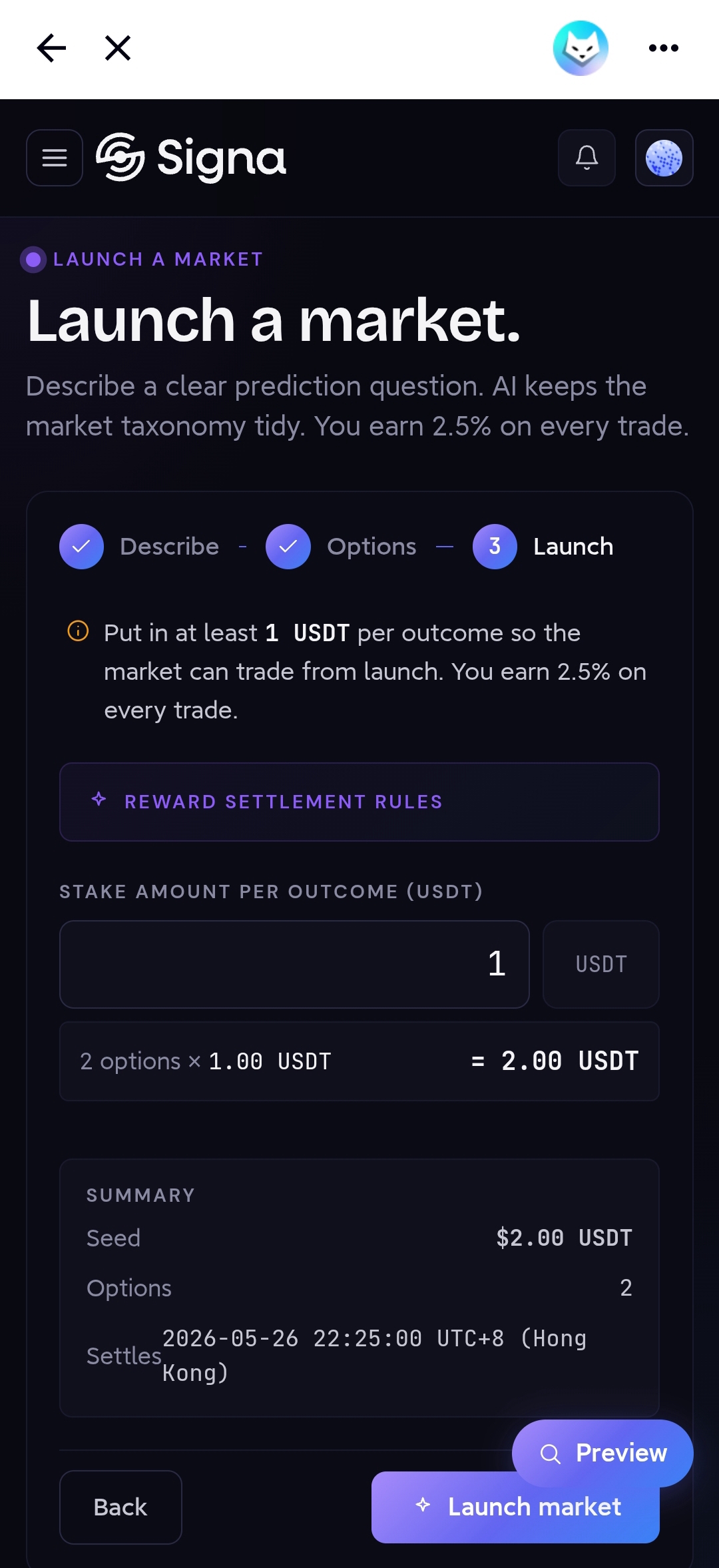 Step 3 Launch: stake per outcome input, summary showing total USDT required, Launch market button