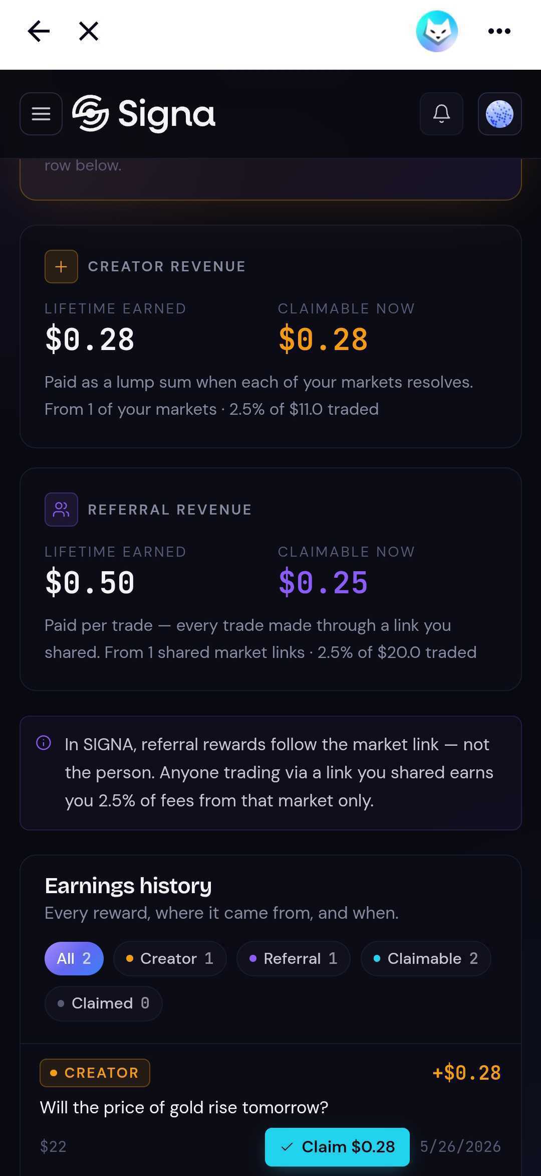 The Earning section showing creator base reward as claimable after settlement submission