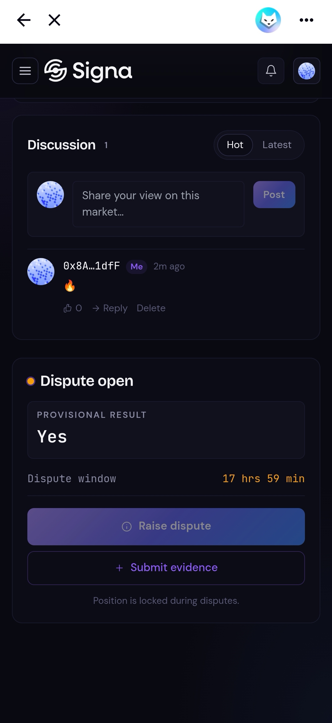 Market showing Dispute Period state with provisional result Yes, dispute window countdown, and Raise dispute button