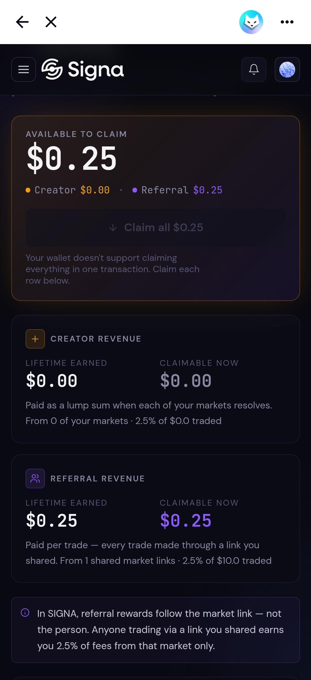 Earning page showing total claimable balance split between creator and referral revenue