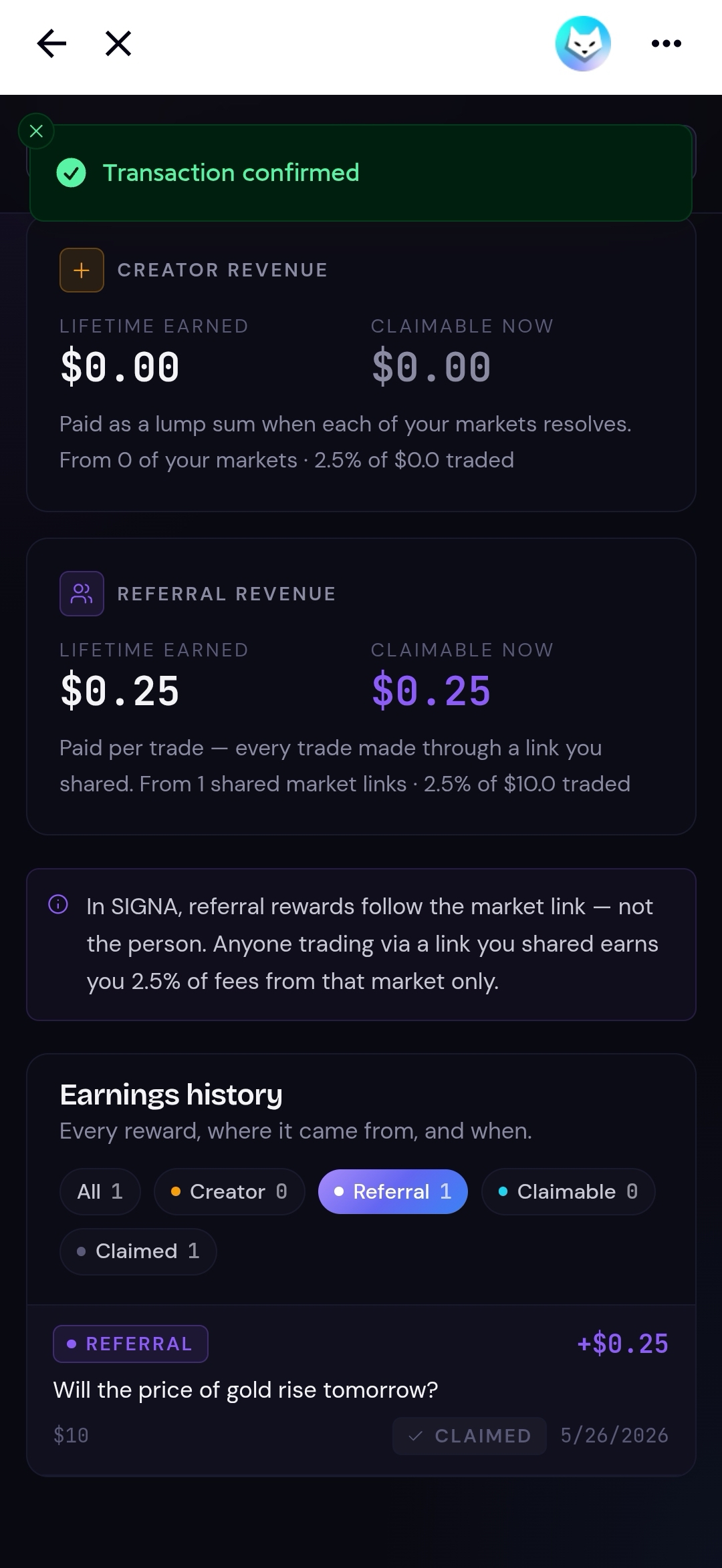 Transaction confirmed after claiming referral rewards