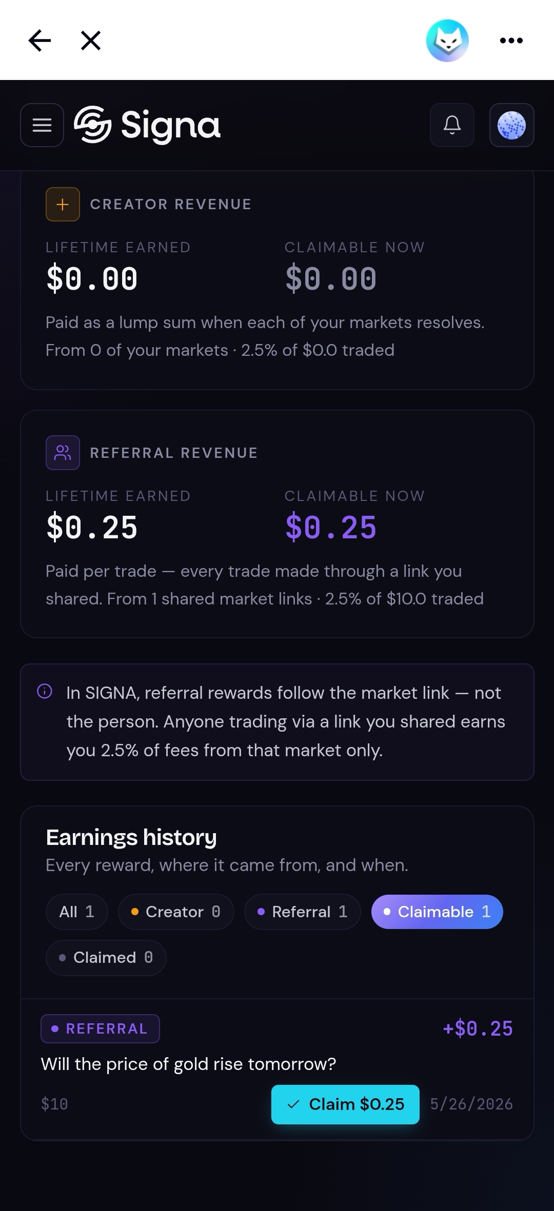 Earnings history listing individual market entries with Claim button