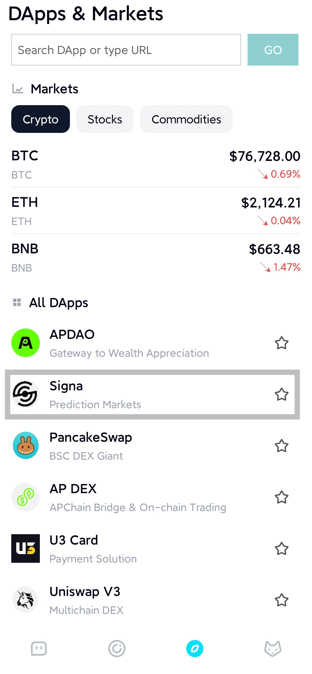 FoxChat DApps page showing Signa