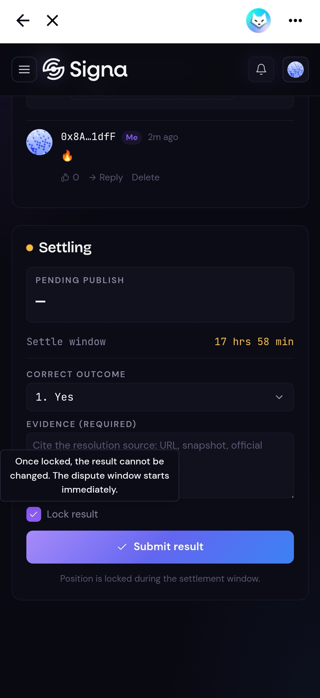 Lock result checkbox checked with tooltip: Once locked, the result cannot be changed. The dispute window starts immediately.