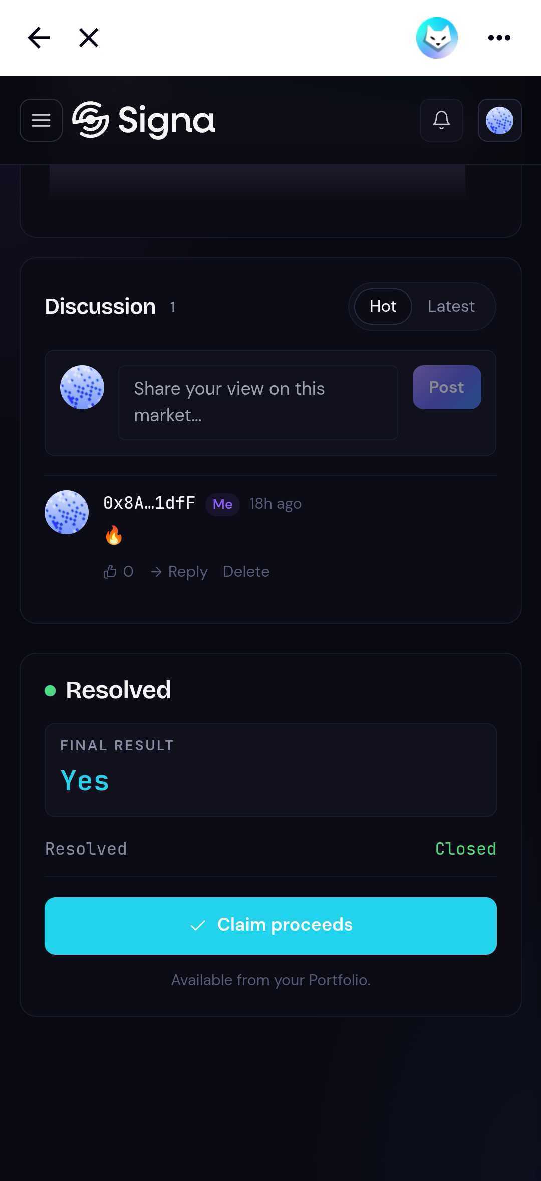 Market detail showing Resolved section with final result and Claim proceeds button