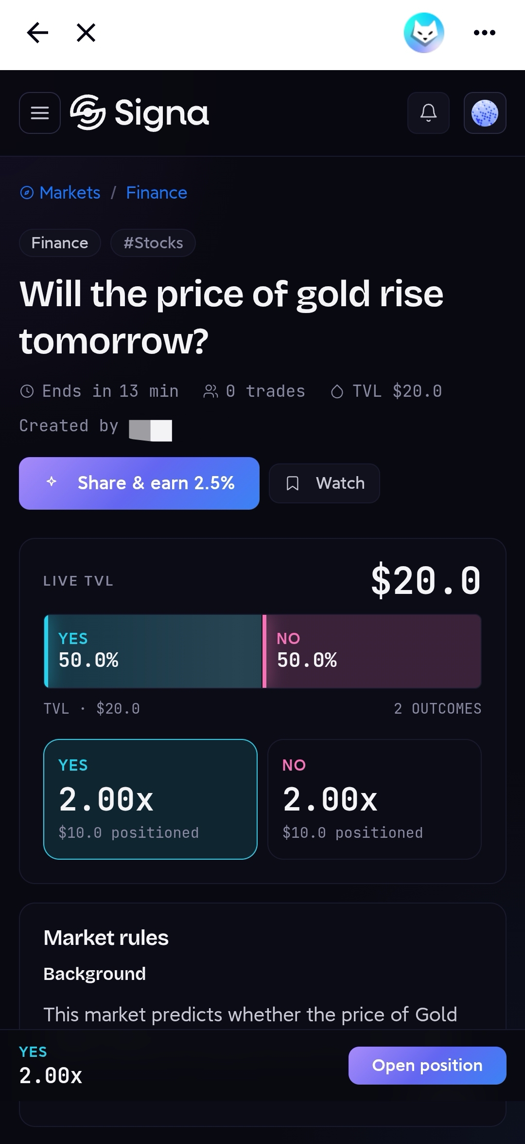Market detail page showing odds and pool breakdown