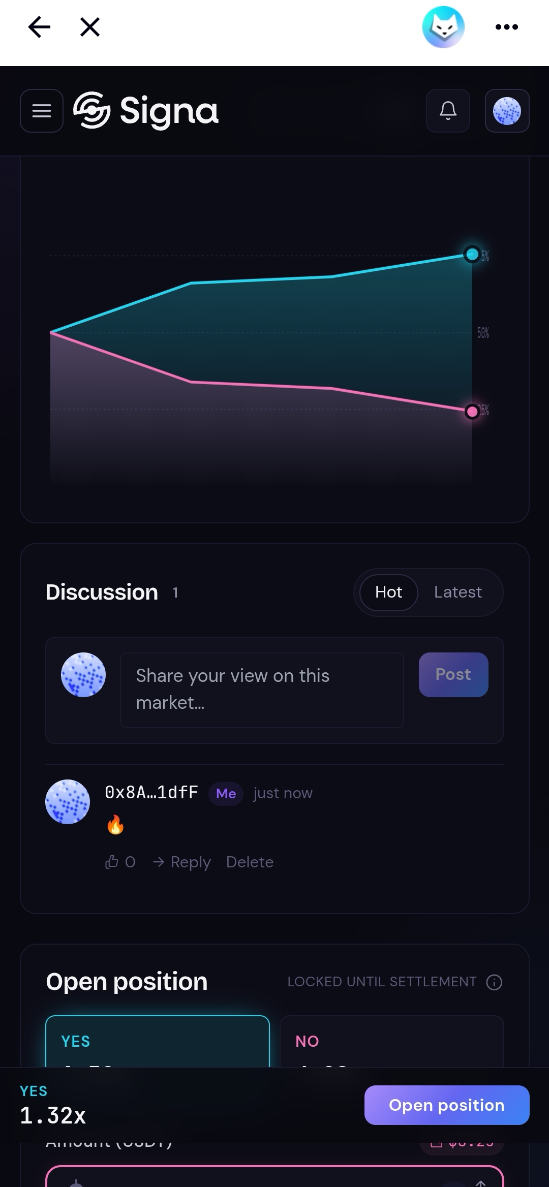 Market discussion section with a posted comment