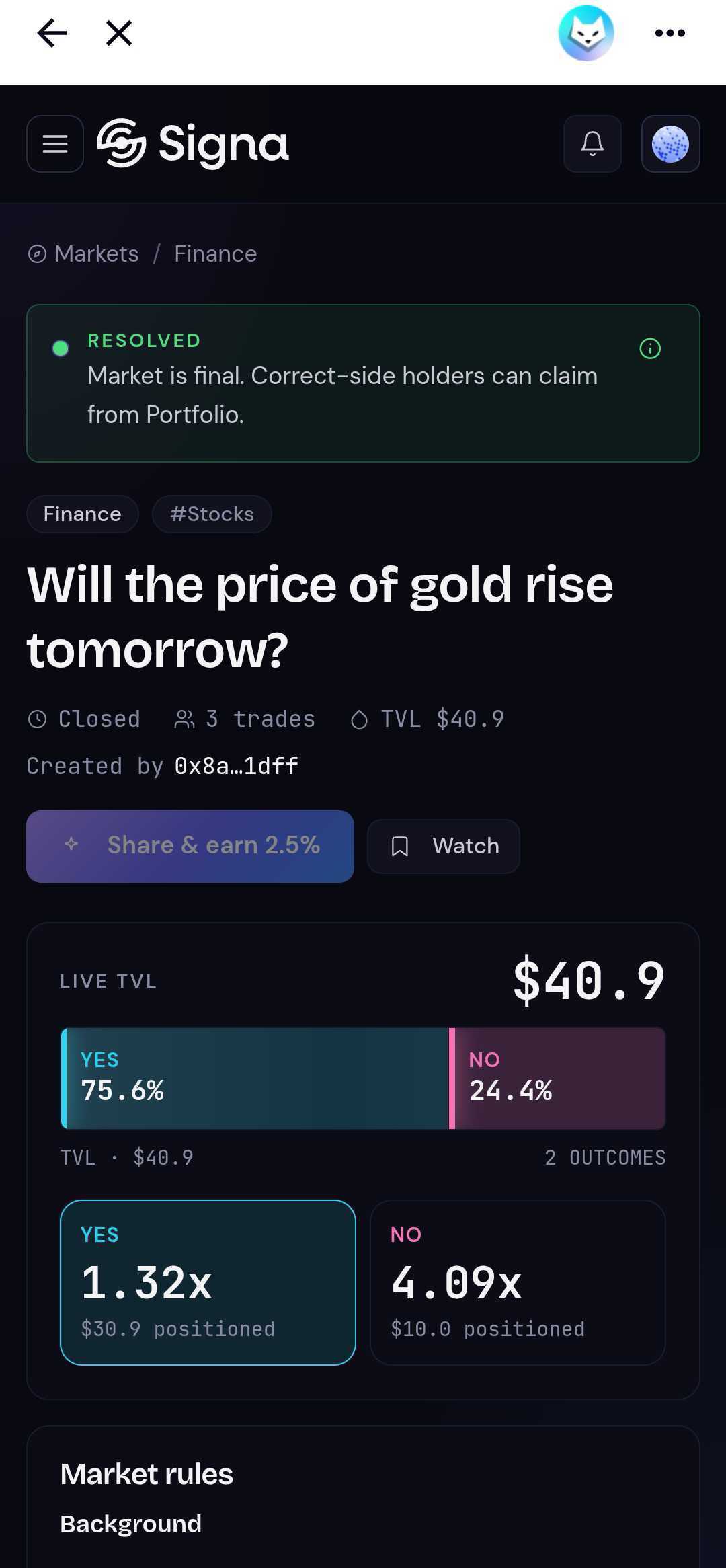 Resolved market showing RESOLVED status, final YES/NO outcome split, and closed trading