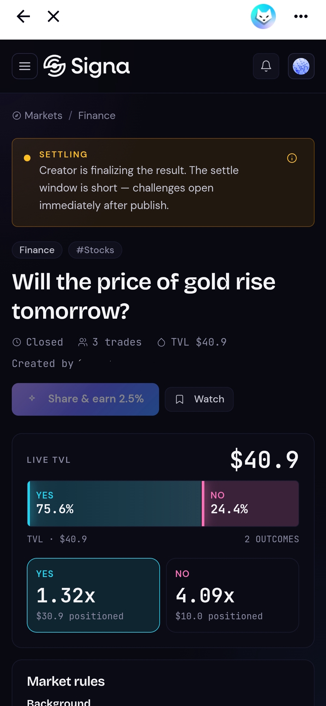 Market page showing the Settling banner with pool breakdown and Share & earn button