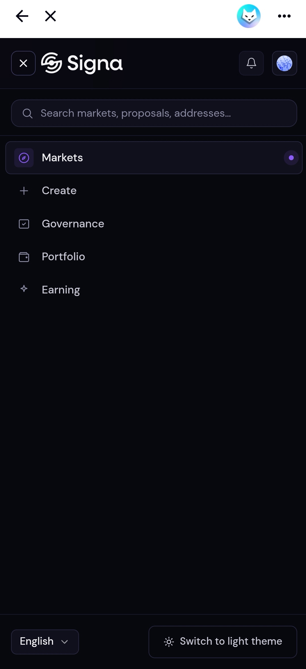 Signa navigation menu with language and theme controls