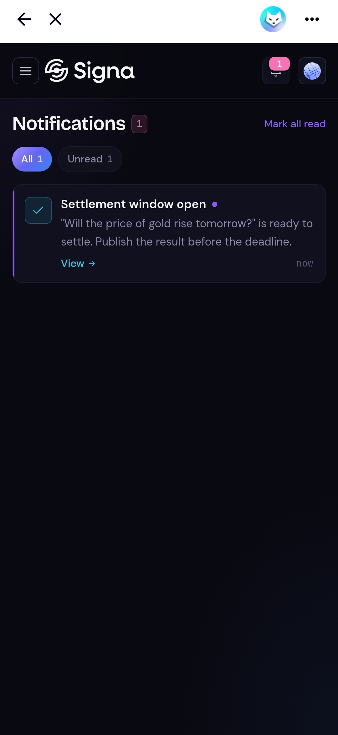 Notifications page showing settlement window open alert for a market