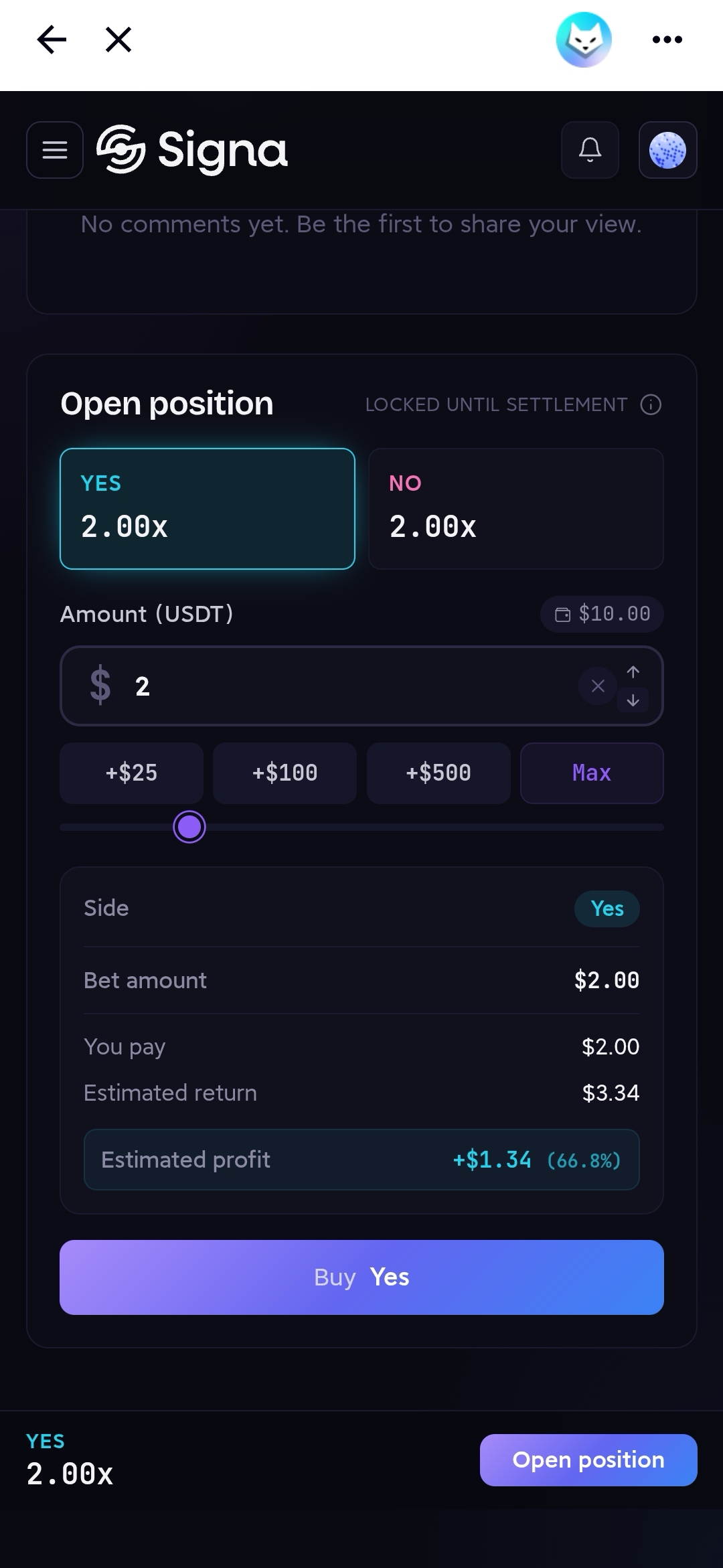 Open position panel showing YES selected with amount and estimated return