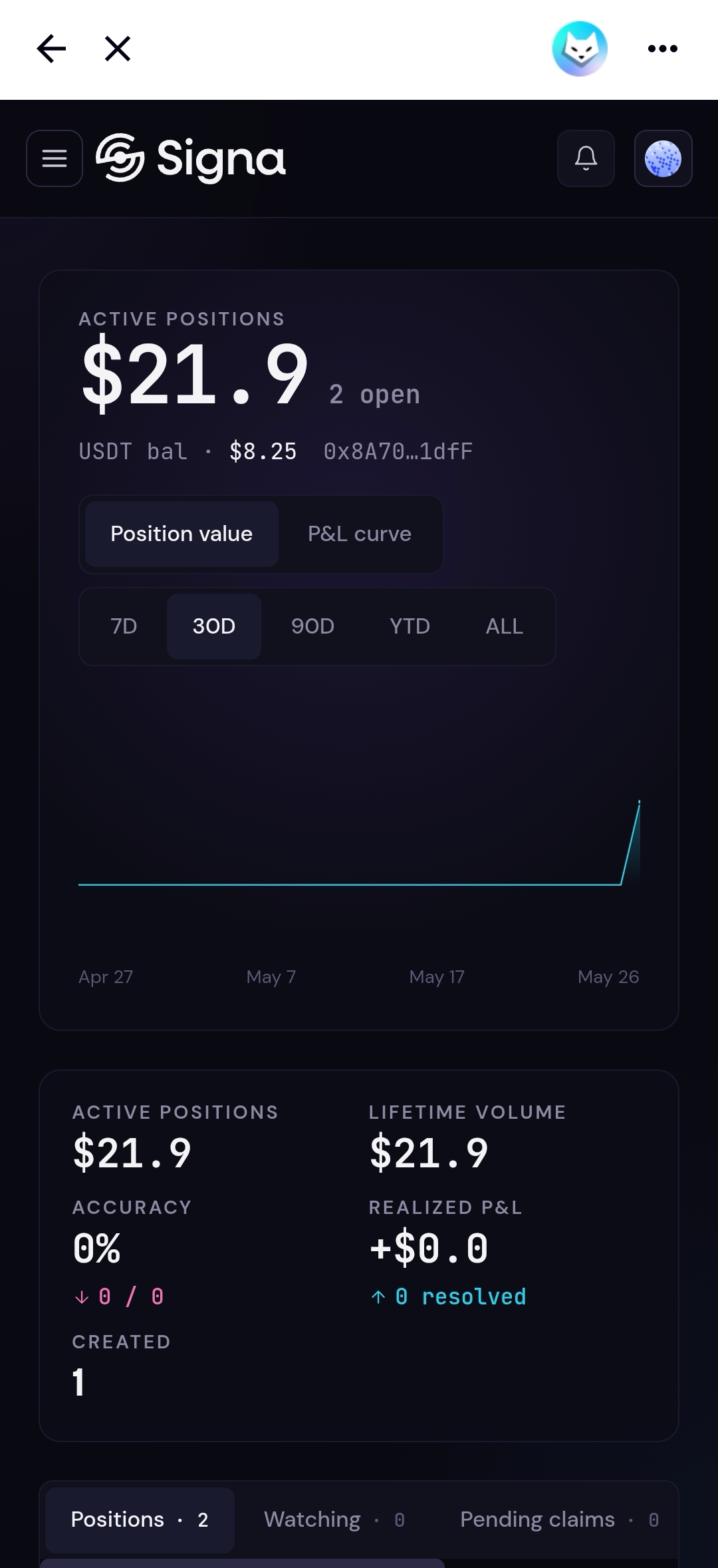 Portfolio overview showing active positions and P&L chart