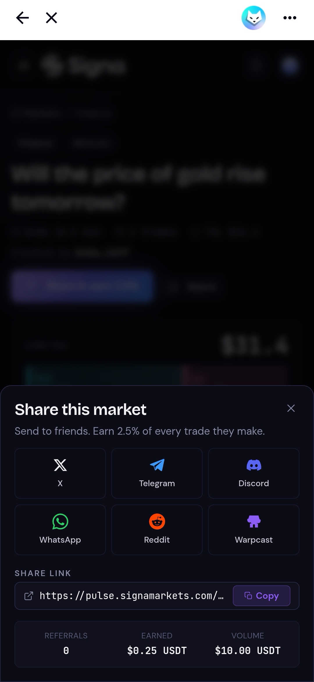 Share this market sheet showing platform share options, referral link, and live referral stats
