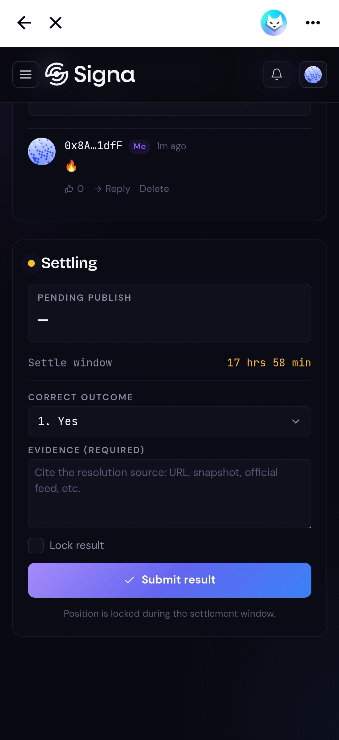 Settlement panel showing outcome dropdown, evidence field, Lock result checkbox, and Submit result button